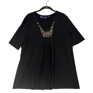Susan Graver Liquid Knit Top Size 1X Black Embellished Deep V-Neck Stretch